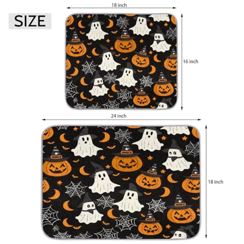 Halloween Dish Drying Mat for Kitchen Counter 18x24 in Pumpkins Ghost Bats Pattern - Absorbent Non Slip Kitchen Mat, Halloween Themed