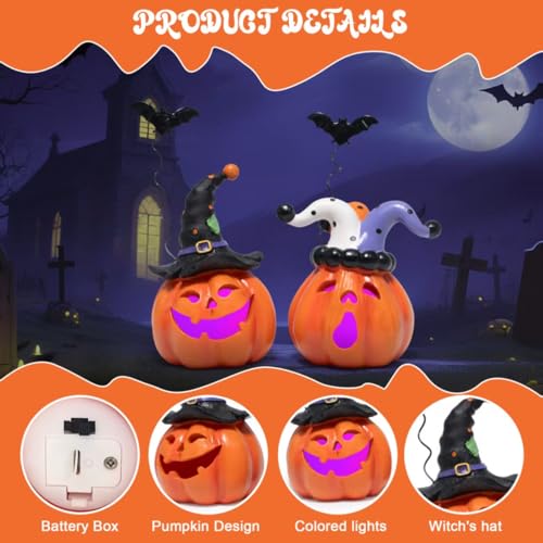Halloween Pumpkin Decor Set with Light - Resin Jack O Lantern Figurines for Home & Party