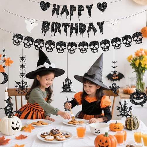Black Glitter Halloween Banner & Spooky Hanging Garlands for Party Decor