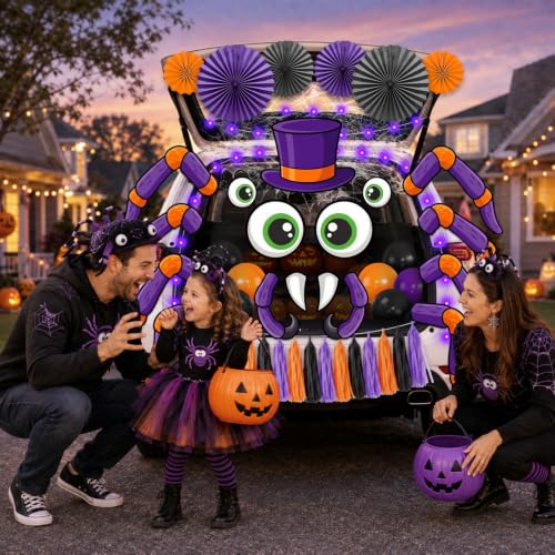 Halloween Car Decorations Kit with Spider Web Lights and Accessories for Trunk Display