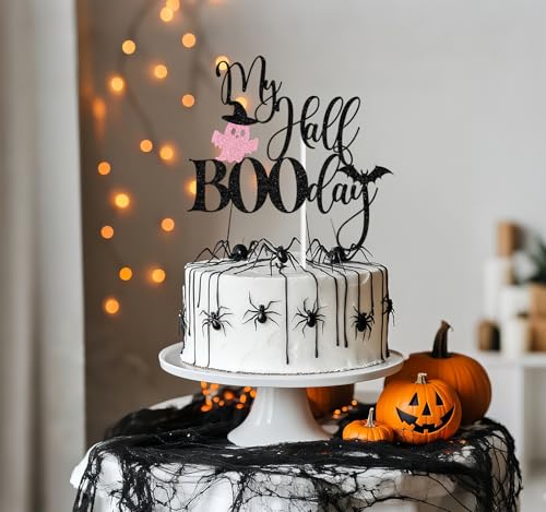 Halloween Half Birthday Cake Topper Pink Glitter Spooky Celebration Decor