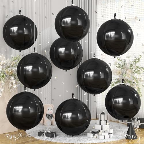 Black Round Foil Balloons - 22 Inch Metallic Latex Party Decor - Set of 9