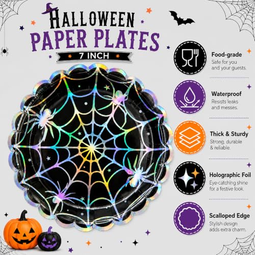 Spider Web Halloween Paper Plates 7 Inch - 50 Pack, Holographic Design