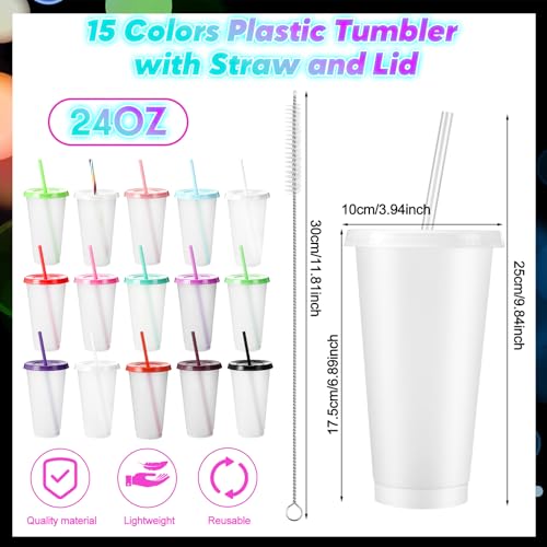 Glow in the Dark Halloween Cups with Colorful Lids - 15 Pack, 24 oz Reusable Drinkware