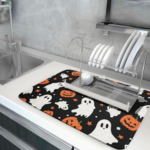 Halloween Dish Drying Mat 18x24 Inch with Pumpkin Ghost Design, Reversible Microfiber, Fast Dry Kitchen Mat - Black & Orange