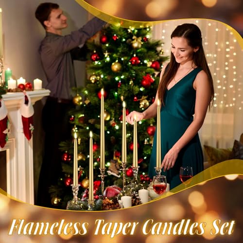 Golden Flameless LED Taper Candles Set - 24 Battery Operated Candles, 8.5-12.8 Inch, Classic Style