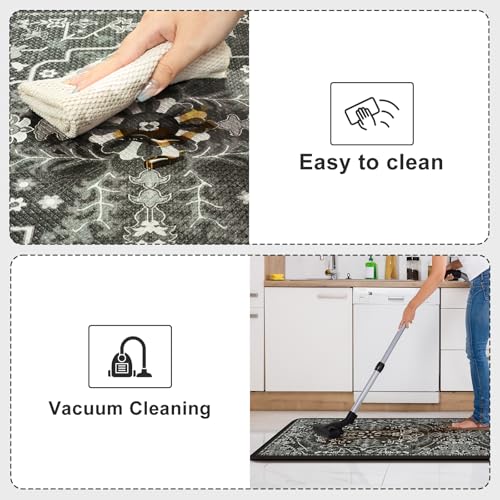 Anti-Fatigue Kitchen Mats Set - Cushioned Boho Rugs 2-Piece Black & Multi