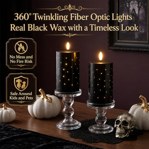 Black Fiber Optic LED Candles with Remote Control - 2-Pack Flameless Wax Pillars