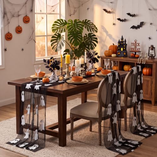 Halloween Table Runner 3 Pack Ghost Gauze 10 ft Embroidered Seasonal Decor - Variation of Ghost