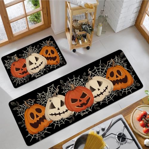 Halloween Kitchen Rugs Set of 2 - Black Pumpkin Spider Web Floor Mats - Halloween Non-Slip Washable Home Decor - Pumpkin Variation