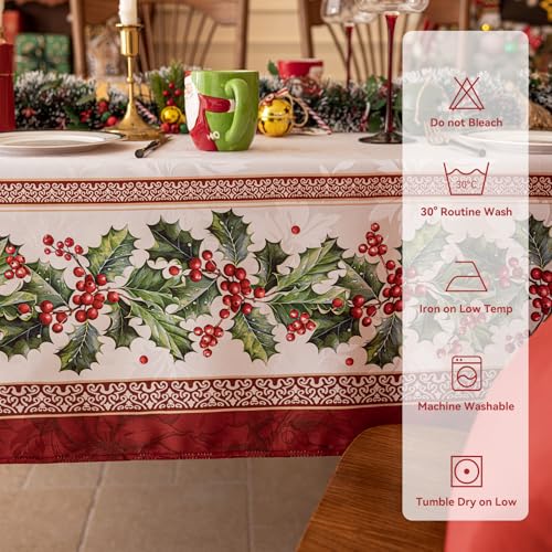 Holly Christmas Jacquard Rectangle Tablecloth 60 x 102 Inch - Holiday Decor