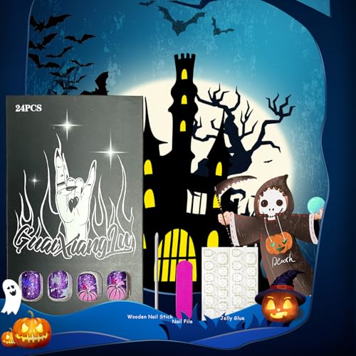 Halloween Press on Nails Short Square Fake Nails with Pumpkin Spider Web Ghost Bat Designs Purple Glitter - Variation 2