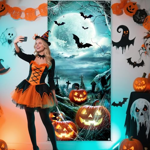 Halloween Door Cover 79x35 Inch Pumpkin Haunted House Decor Reusable Fabric Banner