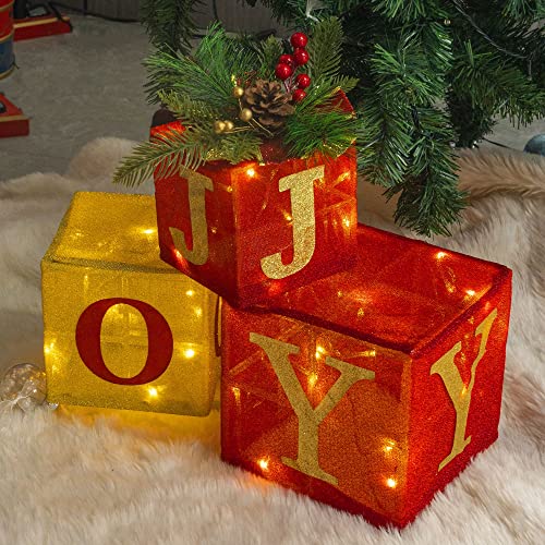 Christmas Lighted Gift Boxes Set of 3 with White LED Lights - Joy Variation