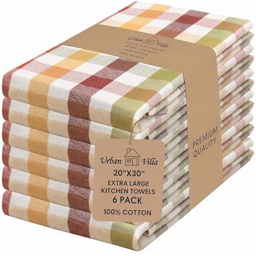 Cotton Dish Towels Set of 6 - 20x30 Inches Harvest Pattern, Soft & Absorbent