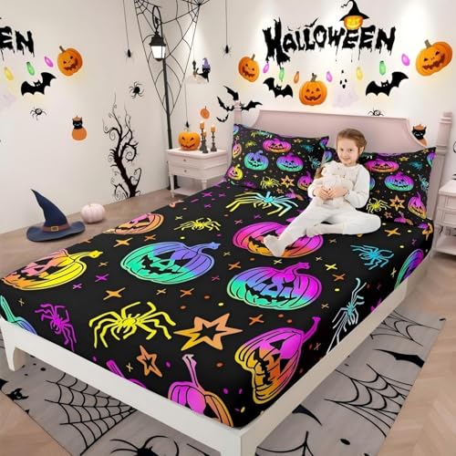 Rainbow Pumpkin Halloween Lantern Fitted Sheet Queen Size - Spiderwebs Glitter Stars Galaxy Bedding Set with Variation Multi 10