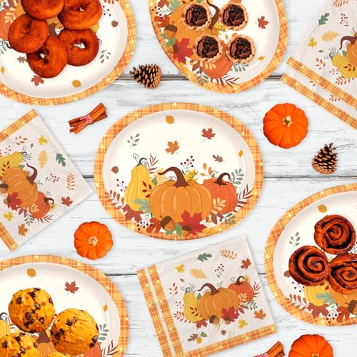 Fall Pumpkin Paper Plates & Napkins Set for 50 Guests - Autumn Party Tableware