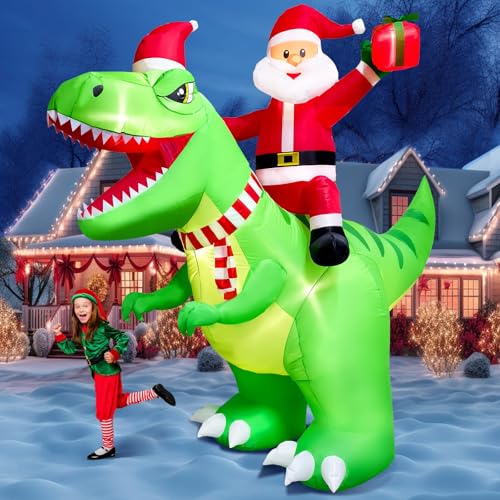 8FT Christmas Inflatable Santa Riding Dinosaur with LED Lights Outdoor Holiday Decor