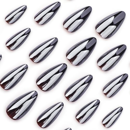 Black Chrome Almond Press On Nails - Medium False Nails with Design, Reusable Gel Adhesive, Style-18 / Style-A, 24 Pcs