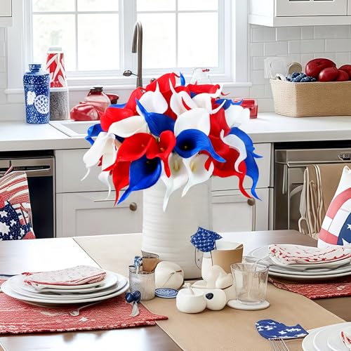 Artificial Calla Lily Flowers 24 Pcs for 4th of July Decorations - White, Red, Blue