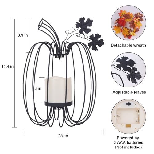 Black Pumpkin Lantern Candle Holder for Fall Decor, Indoor & Outdoor Wrought Iron