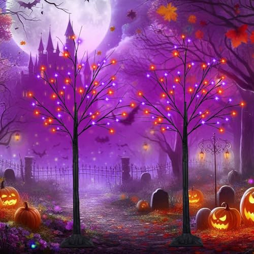 Halloween Black Tree with 100 LED Orange & Purple Lights - 4Ft, 2 Pack, Adjustable & Waterproof