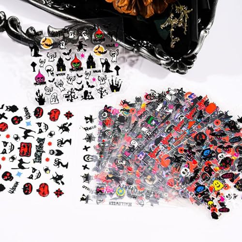 Halloween Nail Stickers 30 Sheets Ghost Pumpkin Skull Self-Adhesive 3D Decals - Spooky Nail Art