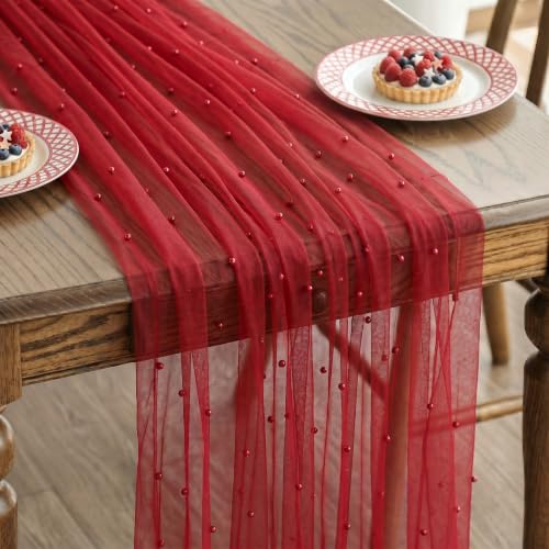 Burgundy Pearl Gauze Table Runner 120 Inch 6pcs - Wedding & Party Decor