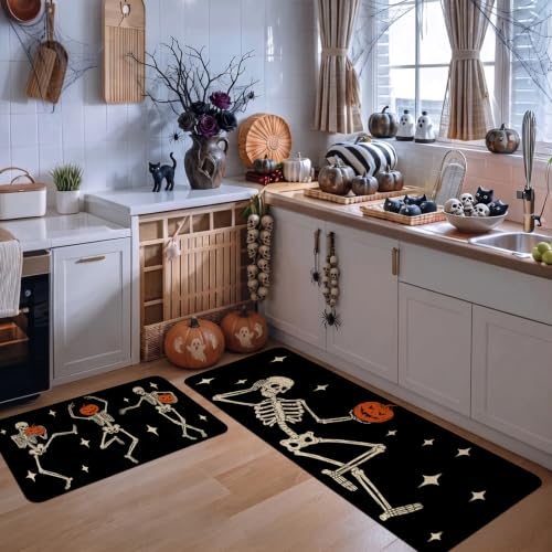 Halloween Skeleton Pumpkin Kitchen Mat Set of 2 Non Slip Washable Rug Decor