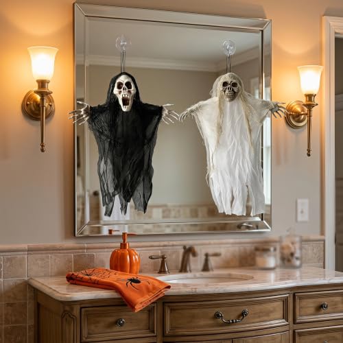 Halloween Hanging Ghost Decorations - 2 Pack, 17.7 Inch Skeleton Ghosts with Tattered Gauze & Bendable Arms for Yard Porch Haunted House