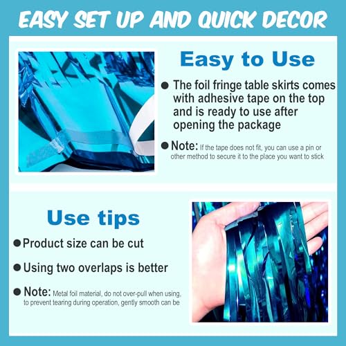 Lake Blue Foil Fringe Table Skirts 3 Pack - Metallic Tinsel Streamers for Party Decor
