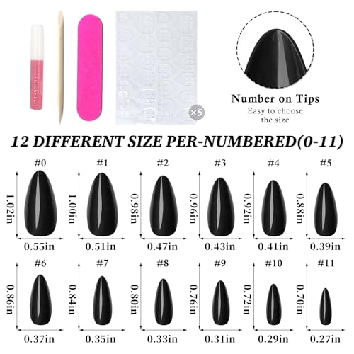 Lifextol Black Almond Press On Nails Medium Length - 240pcs Fake Nails with Glue & Tabs