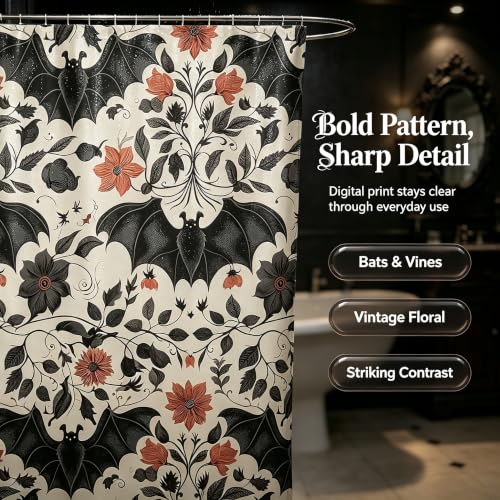 Halloween Bat Shower Curtain Set - Gothic Boho Floral Victorian Bathroom Decor - Black Red, 72x72 Inches