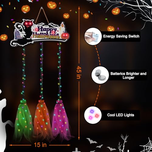 Halloween Light Up Sign with 3 Witches Brooms & Black Cat - Witch Variation A