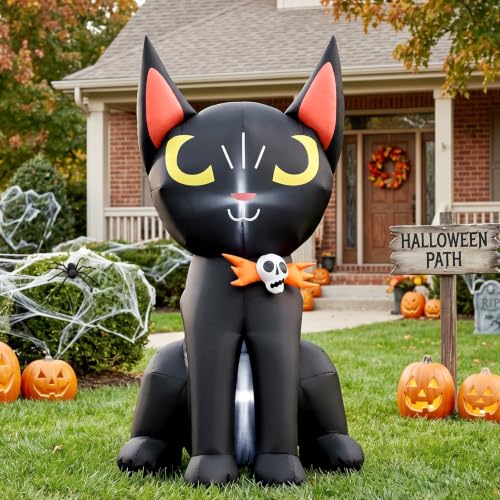 Inflatable Black Cat Halloween Decoration with LED Lights & Skeleton Badge - 4ft