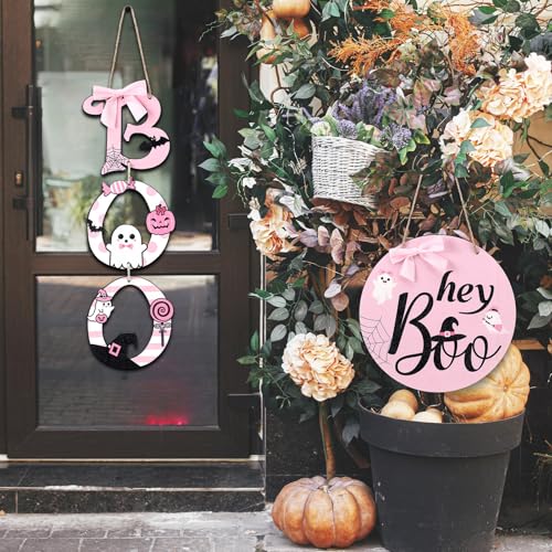 Halloween Pink Boo Door Sign & Wreath Set Wooden Halloween Decorations