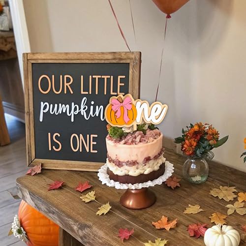 Wooden Pumpkin Cake Topper with Pink Bow - Fall Halloween Thanksgiving Decor - Yellow Variation