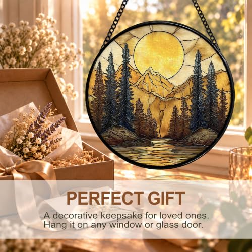 Mountain Sunset Stained Glass Window Hanging - Nature Forest Suncatcher - Color03 - 7.9 Inch