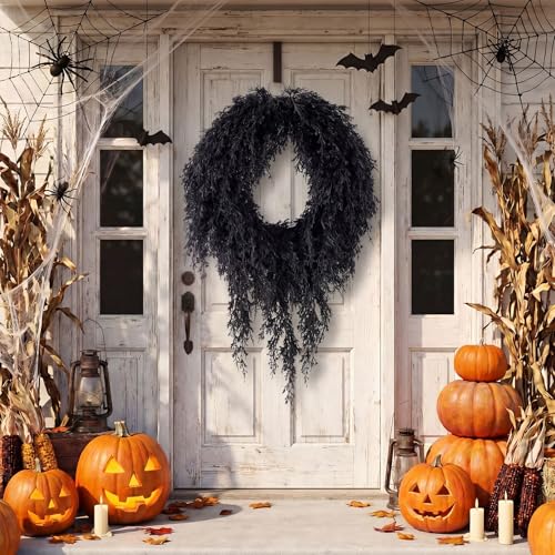 Black Halloween Cedar Wreath 20 Inch Artificial Seasonal Decoration for Front Door & Wall
