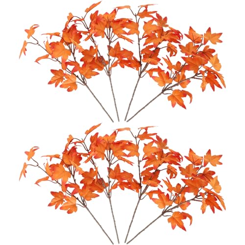 Artificial Maple Leaves Branches - 8PCS 14 Inch Faux Fall Leaves Stem in Orange for Fall Decor & Thanksgiving Centerpieces