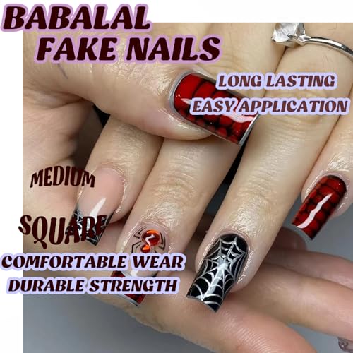 BABALAL Gothic Press on Nails Set - Black & Red Spider Web Halloween Variation BNO311