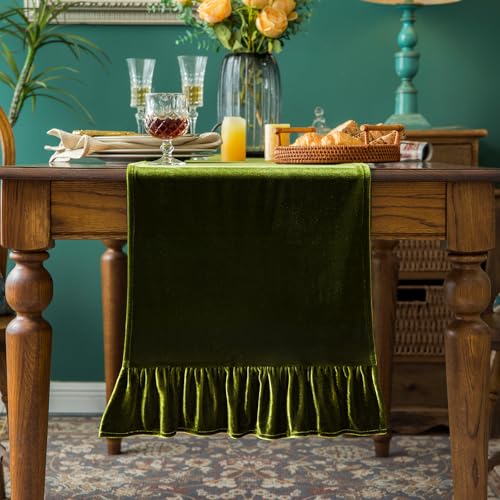 Olive Green Velvet Table Runner 14x72 Inches Luxurious Retro Ruffle Decor