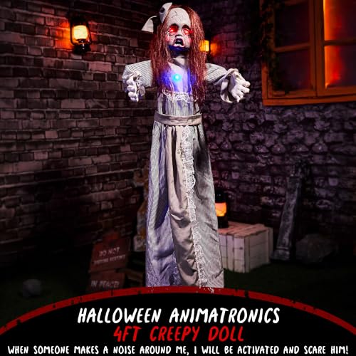 4ft Creepy Halloween Animatronic Doll - Spooky Talking Light-Up Eyes Prop with Sound & Movement - Doll Variation