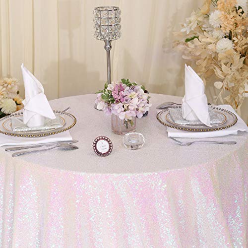Iridescent 120-Inch Round Sequin Tablecloth - White Sparkly Overlay for Wedding & Party