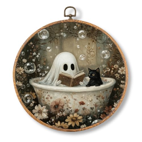 Halloween Bathroom Ghost Cat Wall Art - Round 10x10 Inches, Ghost Cat Halloween Decor - Variation 2