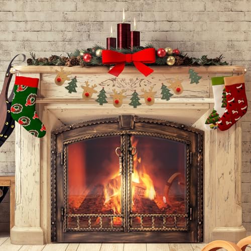 Christmas Reindeer Banner with Felt Garland Holiday Wall Decor Indoor Party Decorations