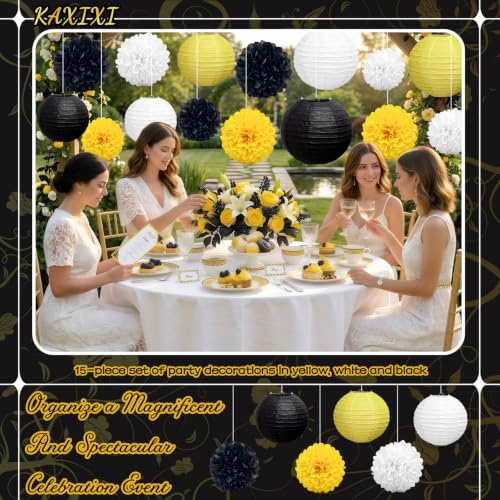 KAXIXI 15-Pack Black Yellow White Party Decorations Lanterns & Pom Poms - Variation Yellow Black White