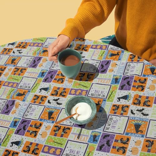 Fitted Oval Table Cover with Elastic Edge for Up to 48 x 68 Inches - Halloween Witchy Patchwork