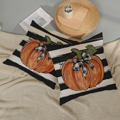 Watercolor Pumpkin Fall Pillow Covers Set of 2 22x22 Inches Black Stripes Halloween Decor