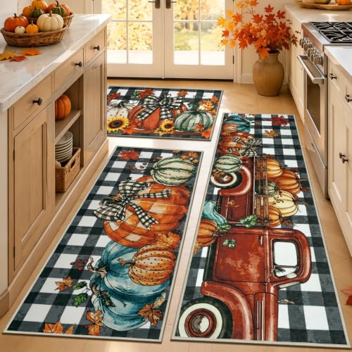 Fall Kitchen Rug Set of 3 Non Slip Washable Floor Mats - Harvest Pumpkin & Maple Leaf Design